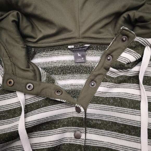 Eddie Bauer Ladies Size Medium Army Green/Off White Striped Fleece Lined Hoodie - Picture 4 of 13
